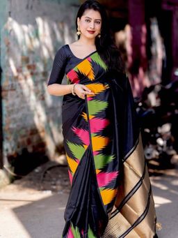 Anjaneya Sarees - Black Woven Banarasi Kanjivaram Saree with Unstitched Blouse