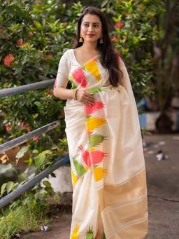 Anjaneya Sarees - White Woven Banarasi Kanjivaram Saree with Unstitched Blouse