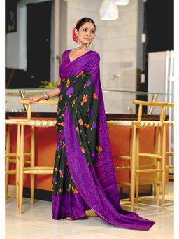 Lush Glam - Black Printed Mulmul Cotton Saree with Unstitched Blouse