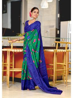 Lush Glam - Green Printed Mulmul Cotton Saree with Unstitched Blouse