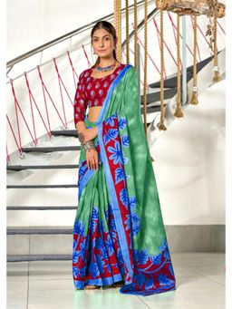 Lush Glam - Green Pure Cotton Printed Saree with Unstitched Blouse