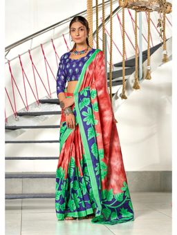 Lush Glam - Red Pure Cotton Printed Saree with Unstitched Blouse