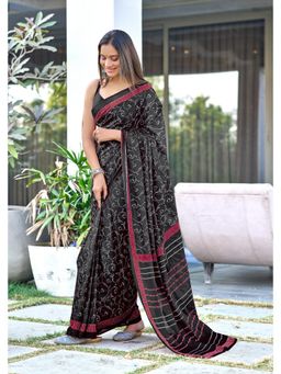 Lush Glam - Black Printed Mulmul Cotton Saree with Unstitched Blouse