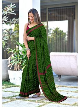 Lush Glam - Green Printed Mulmul Cotton Saree with Unstitched Blouse