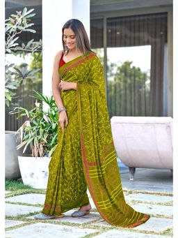 Lush Glam - Green Printed Mulmul Cotton Saree with Unstitched Blouse