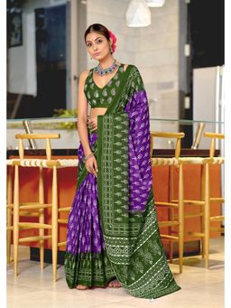 Lush Glam - Purple Printed Soft Pure Cotton Saree with Unstitched Blouse