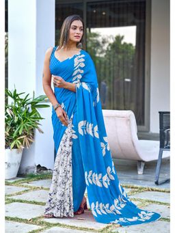 Lush Glam - Aqua Pure Cotton Printed Saree with Unstitched Blouse