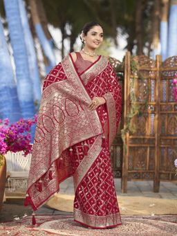 Manohari - Banarasi Satin Silk Woven Red Saree with Unstitched Blouse