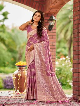 Manohari - Banarasi Satin Silk Woven Rose Pink Saree with Unstitched Blouse