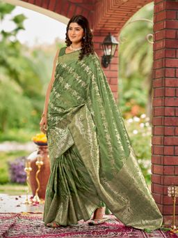 Manohari - Banarasi Satin Silk Woven Olive Green Saree with Unstitched Blouse