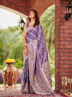 Manohari - Banarasi Satin Silk Woven Lavender Purple Saree with Unstitched Blouse