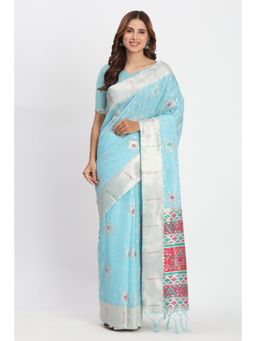 Mysilklove - Sky Blue Woven Linen Cotton Saree with Unstitched Blouse