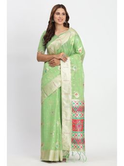 Mysilklove - Tree Green Woven Linen Cotton Saree with Unstitched Blouse