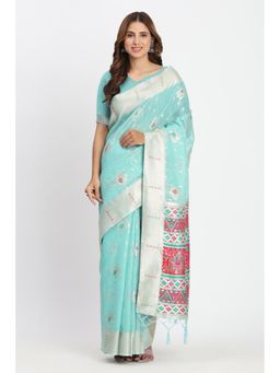 Mysilklove - Ocean Blue Woven Linen Cotton Saree with Unstitched Blouse