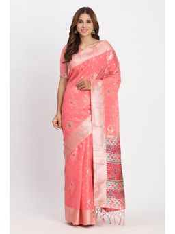 Mysilklove - Burn Peach Woven Linen Cotton Saree with Unstitched Blouse