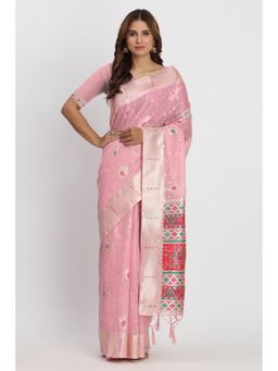 Mysilklove - Sea Pink Woven Linen Cotton Saree with Unstitched Blouse