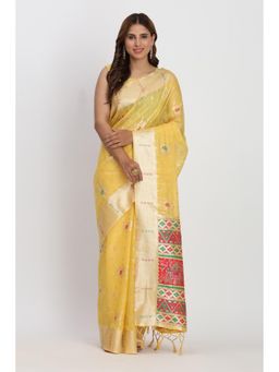 Mysilklove - Yellow Woven Linen Cotton Saree with Unstitched Blouse