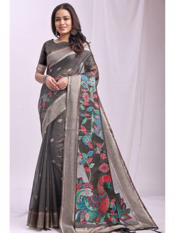 Mysilklove - Cloudy Grey Woven Linen Cotton Saree with Unstitched Blouse
