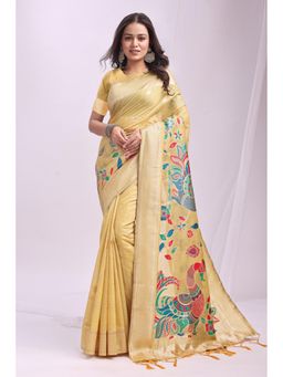 Mysilklove - Sun Yellow Woven Linen Cotton Saree with Unstitched Blouse