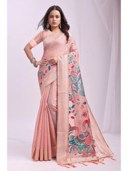 Mysilklove - Melon Peach Woven Linen Cotton Saree with Unstitched Blouse