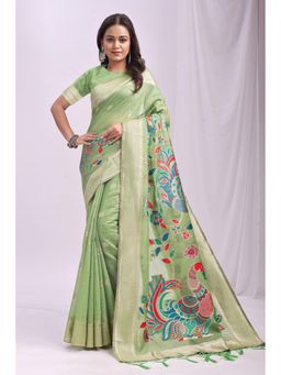 Mysilklove - Pistachio Green Woven Linen Cotton Saree with Unstitched Blouse