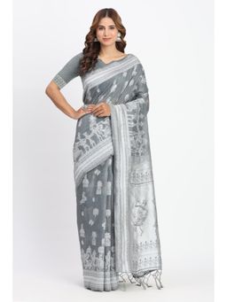 Mysilklove - Battleship Grey Woven Linen Cotton Saree with Unstitched Blouse