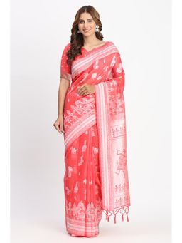 Mysilklove - Basin Peach Woven Linen Cotton Saree with Unstitched Blouse
