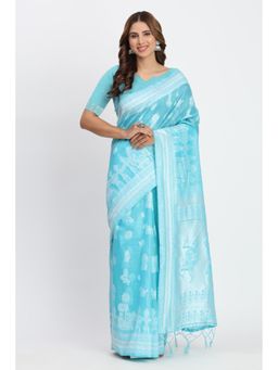 Mysilklove - Chatham Blue Woven Linen Cotton Saree with Unstitched Blouse