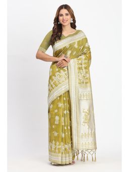Mysilklove - Green Lizard Woven Linen Cotton Saree with Unstitched Blouse
