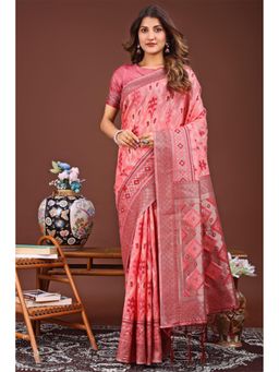 Mysilklove - Deep Peach Woven Linen Cotton Saree with Unstitched Blouse