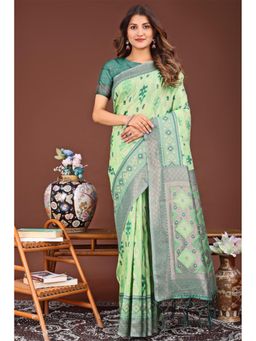 Mysilklove - Warm Green Woven Linen Cotton Saree with Unstitched Blouse