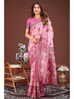 Mysilklove - Cameo Pink Woven Linen Cotton Saree with Unstitched Blouse