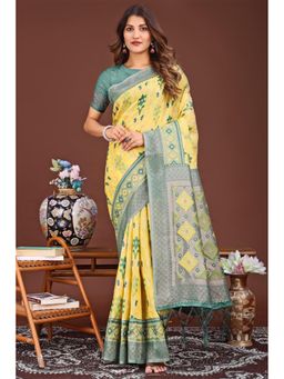 Mysilklove - Safety Yellow Woven Linen Cotton Saree with Unstitched Blouse