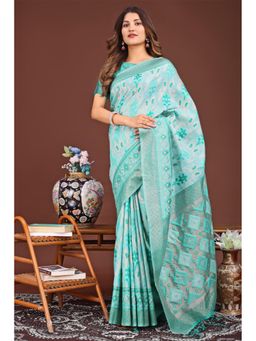 Mysilklove - Iris Light Blue Woven Linen Cotton Saree with Unstitched Blouse