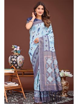 Mysilklove - Cerulean Blue Woven Linen Cotton Saree with Unstitched Blouse