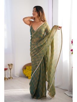 Mysilklove - Avocado Green Chiffon Partywear Saree with Unstitched Blouse