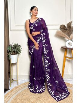 Mysilklove - Wine Purple Embroidery Partywear Saree with Unstitched Blouse