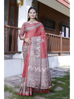 Mysilklove - Merlot Red Banarasi Digital Printed Saree with Unstitched Blouse