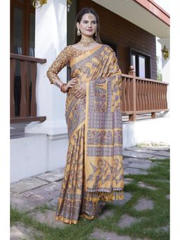 Mysilklove - Marigold Yellow Banarasi Digital Printed Saree with Unstitched Blouse