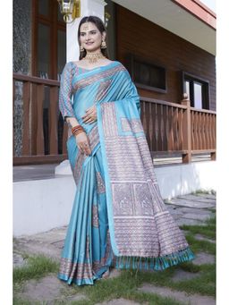 Mysilklove - Butterfly Blue Banarasi Digital Printed Saree with Unstitched Blouse