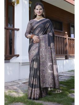 Mysilklove - Ink Black Banarasi Digital Printed Saree with Unstitched Blouse
