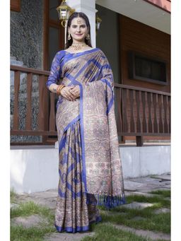 Mysilklove - Piction Blue Banarasi Digital Printed Saree with Unstitched Blouse