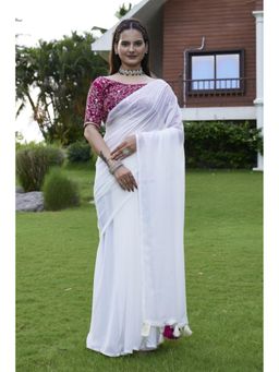 Mysilklove - Pearl White Georgette Saree with Unstitched Blouse