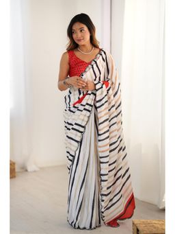 Mysilklove - Daisy White Strips Chinon Partywear Saree with Unstitched Blouse