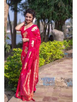 Mysilklove - Hot Pink Woven Banarasi Saree with Unstitched Blouse