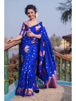 Mysilklove - Dark Blue Woven Banarasi Saree with Unstitched Blouse