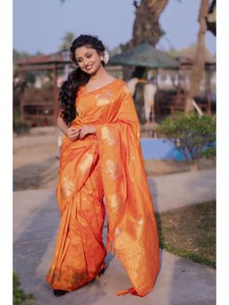Mysilklove - Fulvous Orange Woven Banarasi Saree with Unstitched Blouse