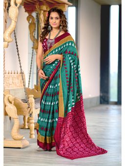 Lush Glam - Green Printed Mulmul Cotton Saree with Unstitched Blouse