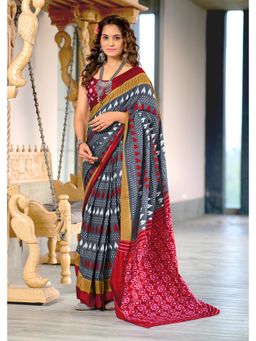 Lush Glam - Grey Printed Mulmul Cotton Saree with Unstitched Blouse
