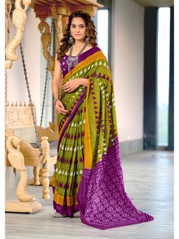 Lush Glam - Green Printed Mulmul Cotton Saree with Unstitched Blouse